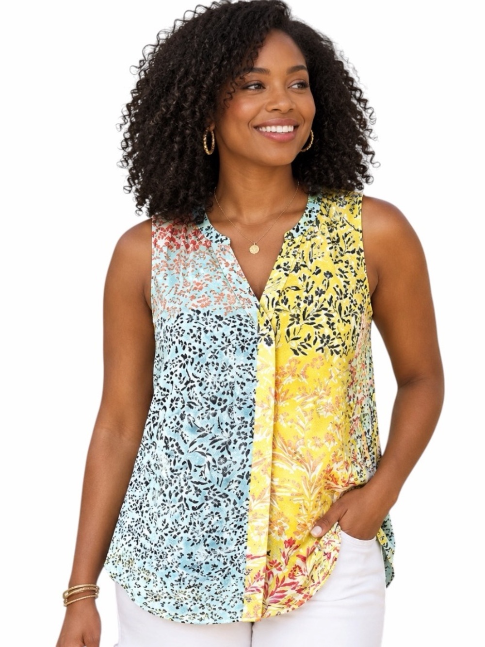 CAbi Medium Yellow & Blue Golden Glow Split Floral Sleeveless Blouse